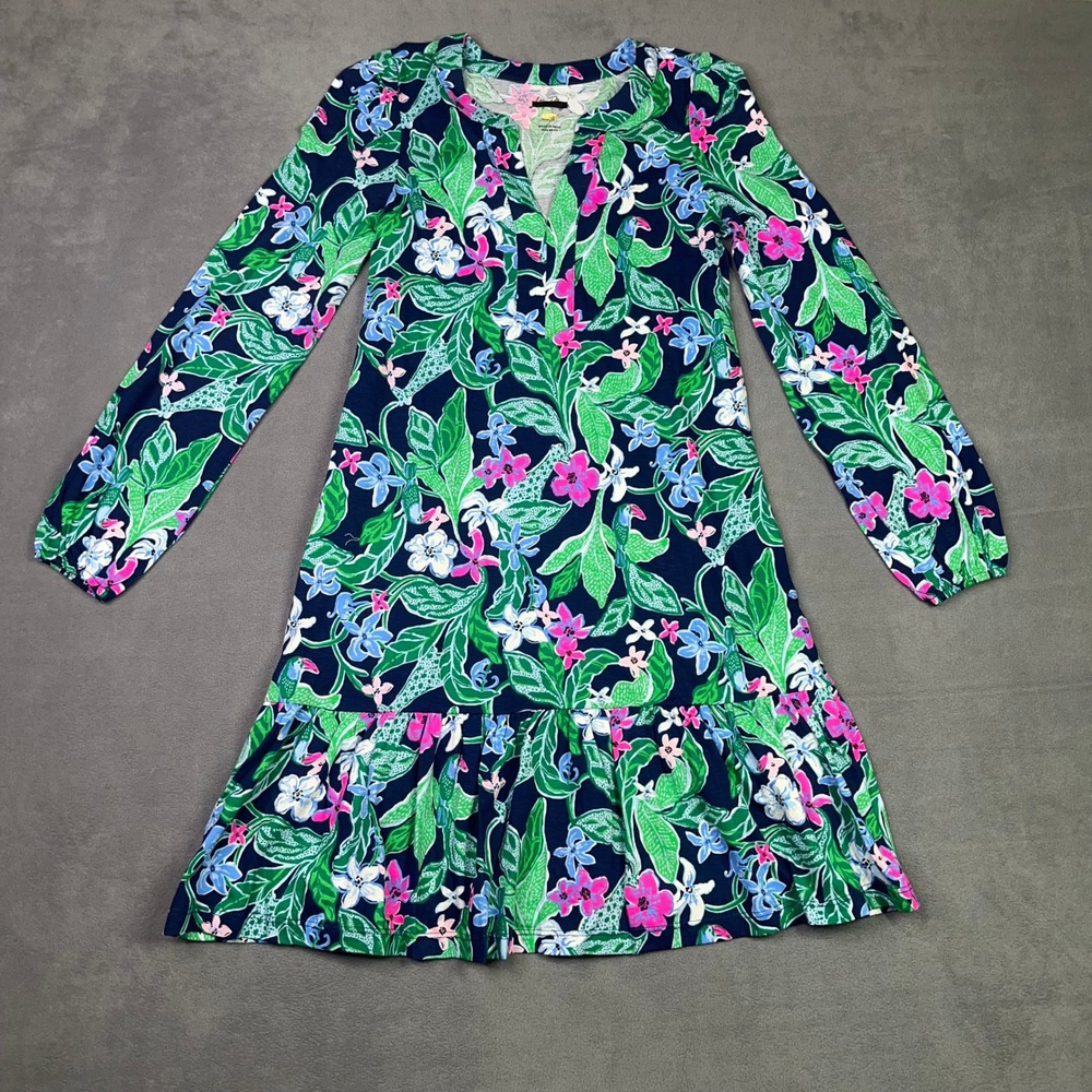 Lilly Pulitzer Alyssa Dress XXS‎ Navy Green Floral A-Line Cotton Preppy Resort